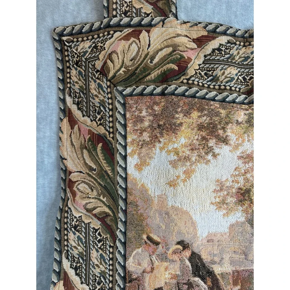 Vintage Hanging Tapestry Pictorial French Scene People Park Landscape Border Art